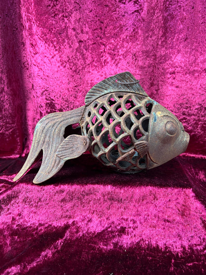 Vintage Home Decor - Hanging / Tabletop Candle Lantern - Cast Iron Koi Fish
