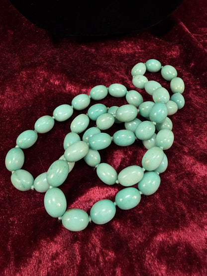 Vintage Agate Beaded Necklace – Turquoise Tone Hand Knotted Strand