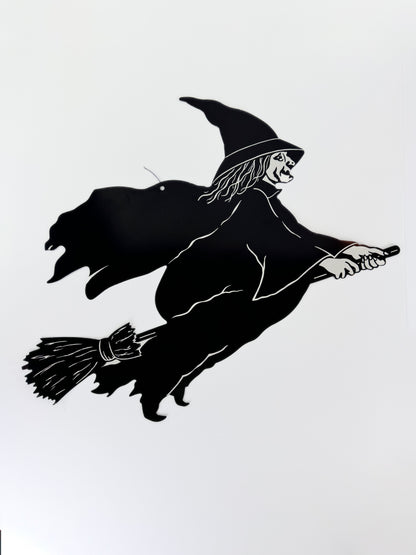 Vintage Halloween Die Cut - Black and White Witch on Broomstick - Rare Beistle Co. 1989