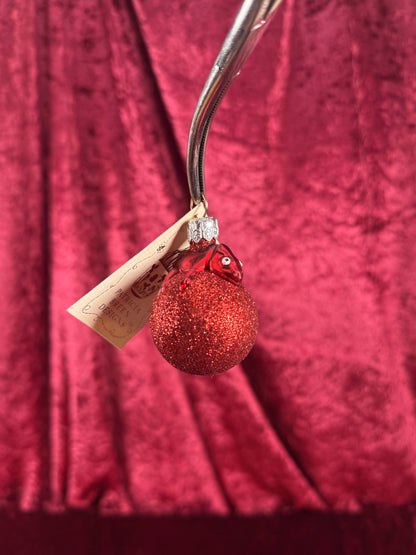 Vintage Christmas - Handblown Glass Ornament - Red Chameleon On Glitter Orb - Patricia Breen - Poland