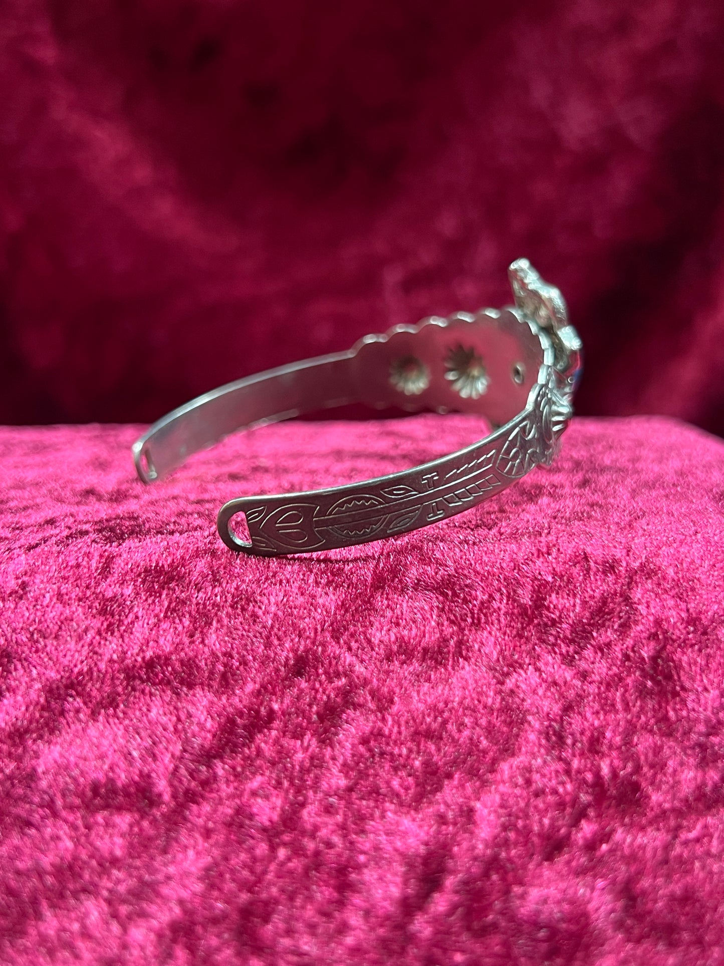 Vintage Jewelry - Cuff Bracelet - Engraved Silver Tone Metal - Faux Turquoise Center