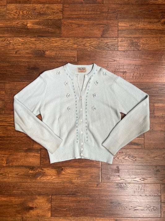Vintage Clothing - Button Up Cardigan - Baby Blue with Embroidered Flowers - Helen Harper - Medium