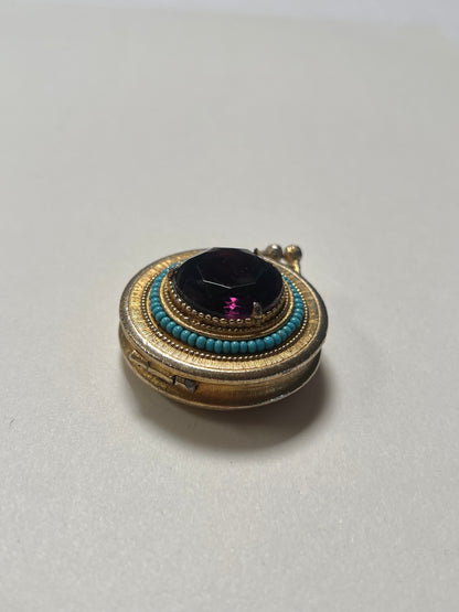 Vintage Trinket Box - Hinged Brass Pill Box - Round - Large Purple Faceted Stone - Turquoise Beads - Forenza