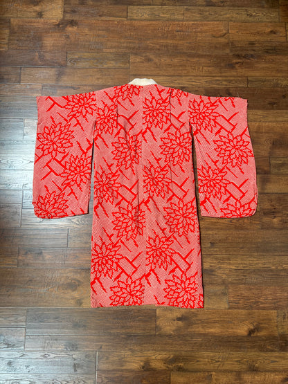 Vintage Clothing - Hand Sewn Kimono Robe - Red Floral Grid - Crepe Silk - OS