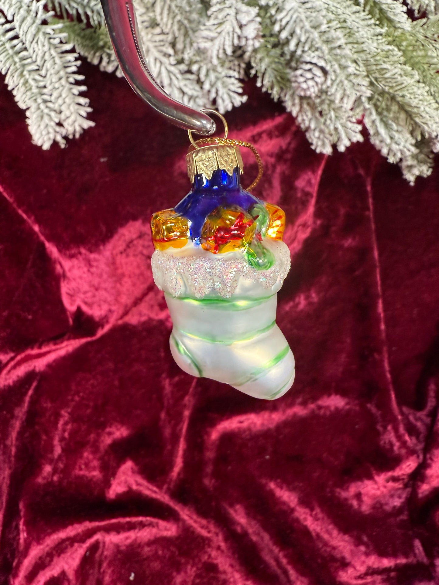 Vintage Christmas - Handblown Glass Ornament - Stuffed Striped Stocking