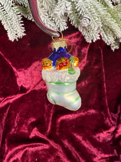 Vintage Christmas - Handblown Glass Ornament - Stuffed Striped Stocking