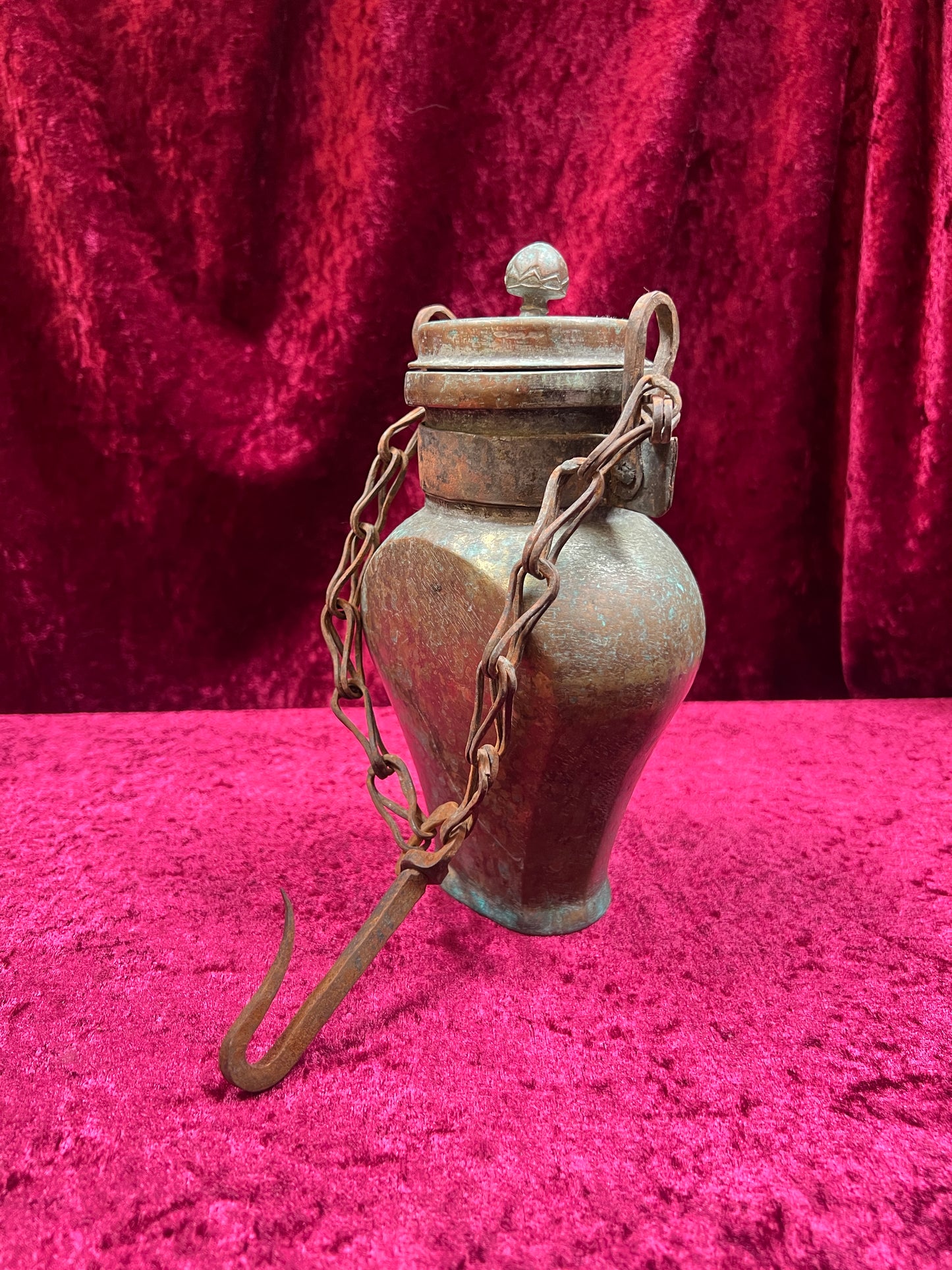 Vintage Oddities - Antique Copper Lidded Vessel with Iron Wood Hook