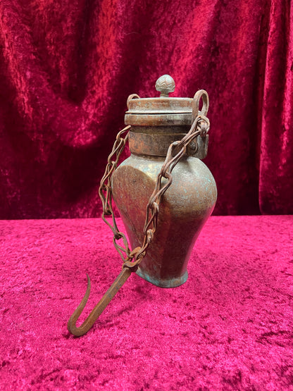 Vintage Oddities - Antique Copper Lidded Vessel with Iron Wood Hook