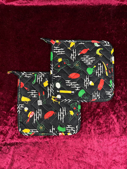 Vintage Cotton Pot Holder Set - Mid Century Barbecue Print in Black