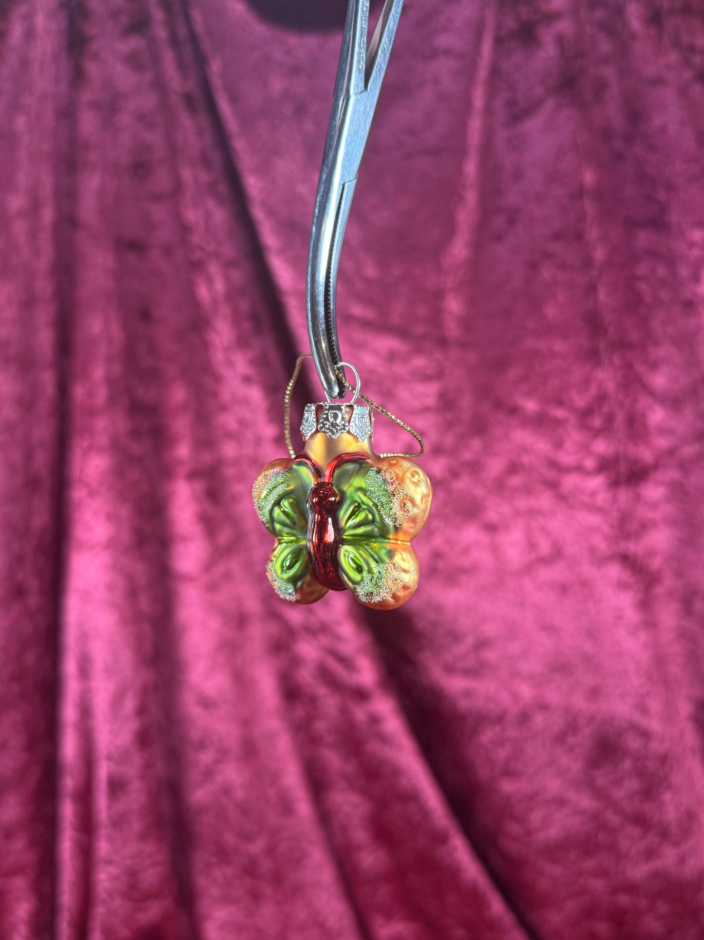 Vintage Christmas - Handblown Glass Ornament - Green and Red Butterfly - 1.75"