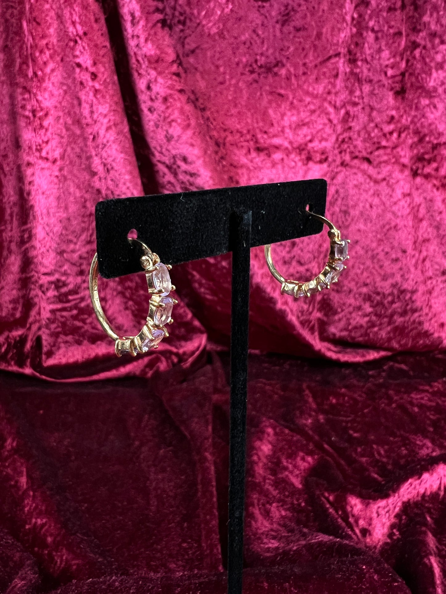 Vintage Gold Plated 925 Silver Hoop Earrings – Oval Faceted Pink Topaz Gemstones