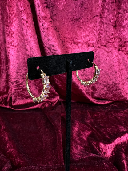 Vintage Gold Plated 925 Silver Hoop Earrings – Oval Faceted Pink Topaz Gemstones