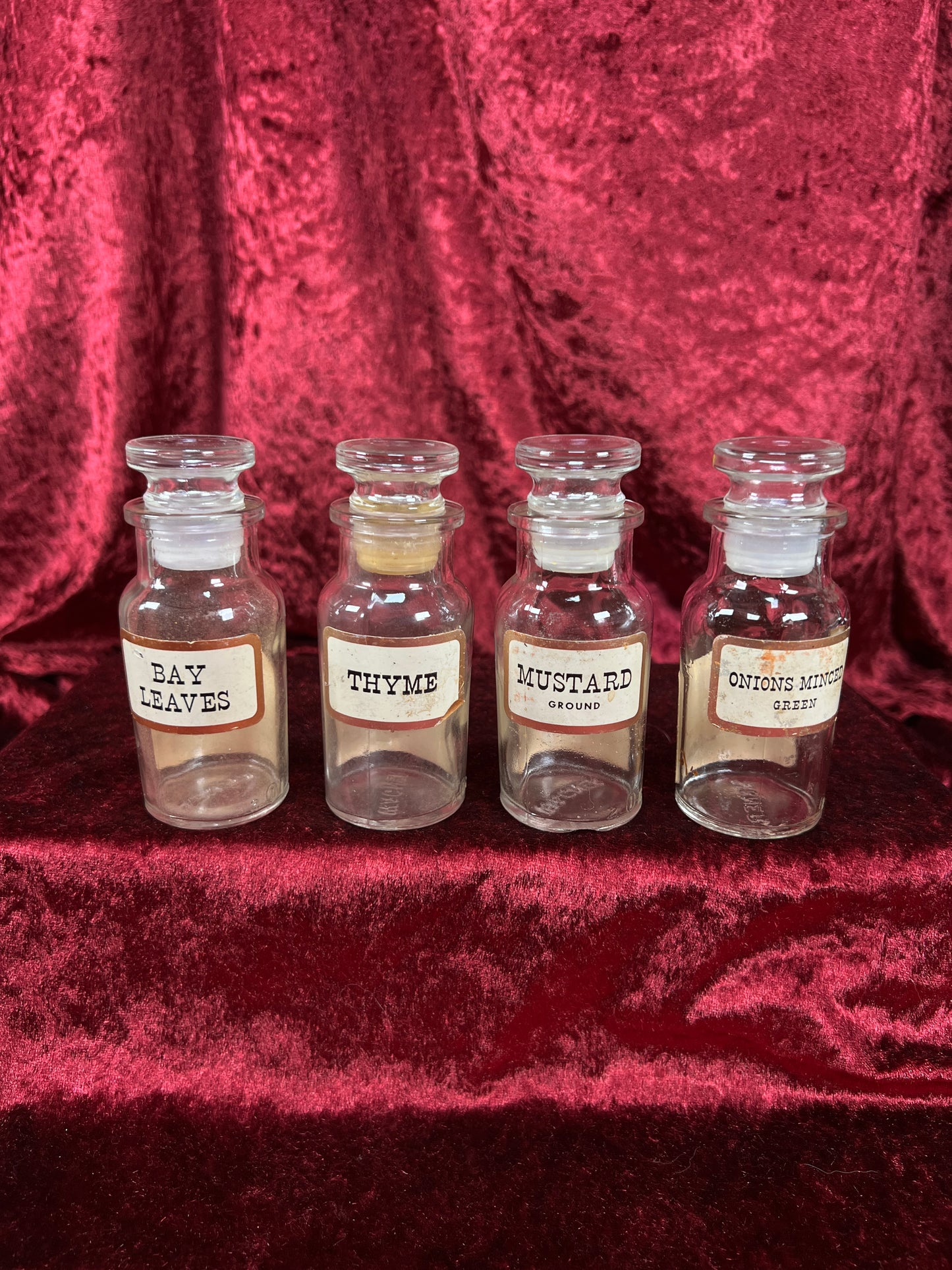 Vintage Glass Apothecary Style Spice Jar Set with Original Labels - Kitchen Collection Set