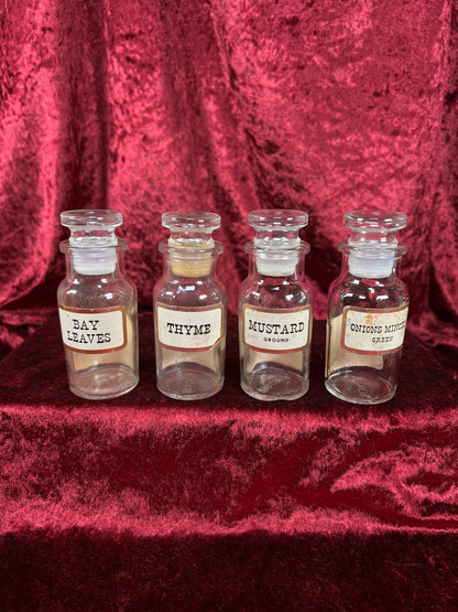 Vintage Glass Apothecary Style Spice Jar Set with Original Labels - Kitchen Collection Set