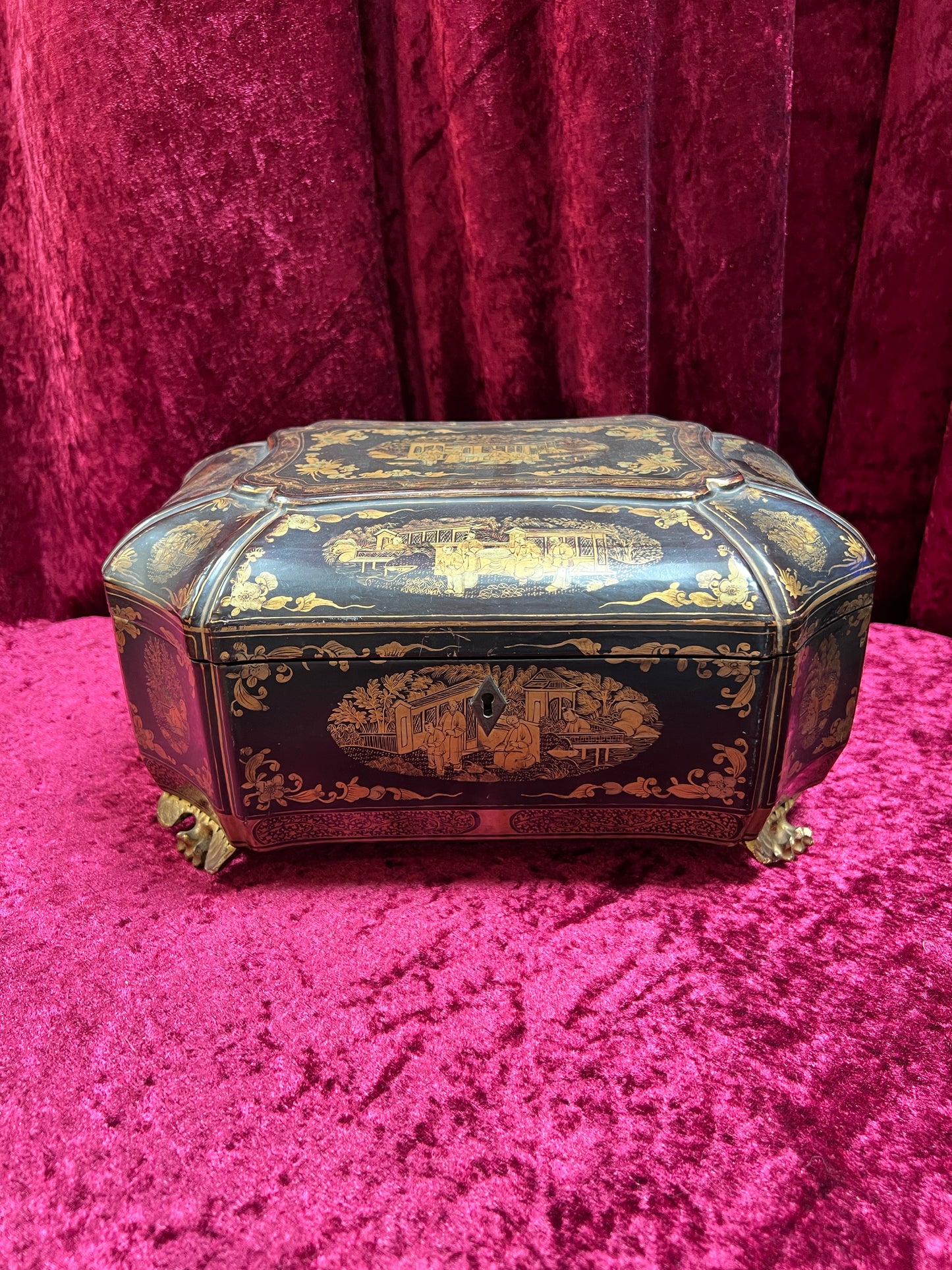 Antique Sewing Kit - Black Lacquer Ladies Work Box - Octagonal 19th Century Asian Chinoiserie