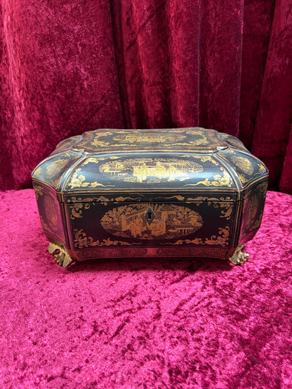 Antique Sewing Kit - Black Lacquer Ladies Work Box - Octagonal 19th Century Asian Chinoiserie