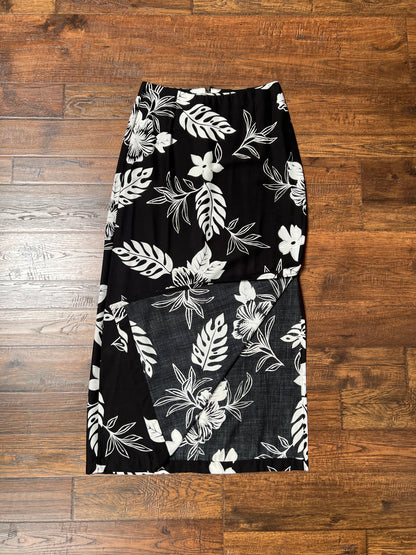 Vintage Clothing - Maxi Skirt with Side Slit -  Monstera and Hibiscus Flower Print - Black & White - Small