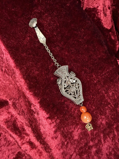 Antique Sterling Silver Needle Case Pendant Chatelaine – Carnelian Bead Late Qing Dynasty Style