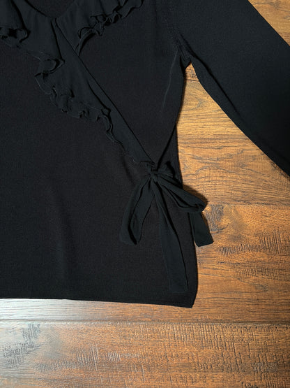 Vintage Cable & Gauge Knit Blouse - Black Ruffle Trim Wrap - Size Large