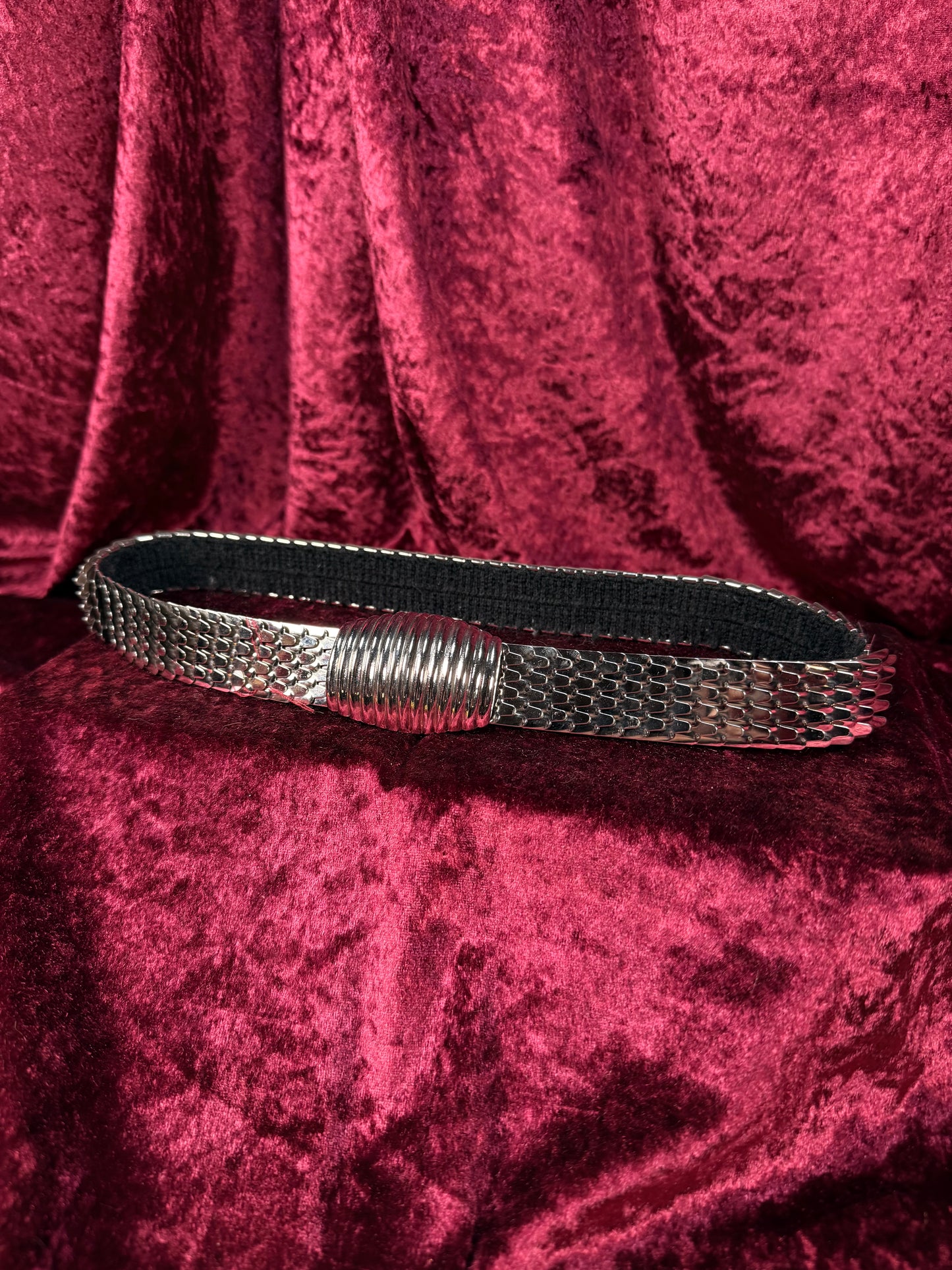 Vintage  Metal Stretch Waist Belt - Silver Tone Fish Scale with Ornate Belt Buckle