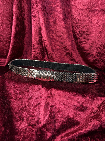 Vintage  Metal Stretch Waist Belt - Silver Tone Fish Scale with Ornate Belt Buckle