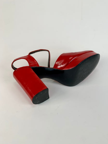 Vintage Shoes - Patent Leather Peep Toe Platform Heels - Cherry Red - 7 1/2