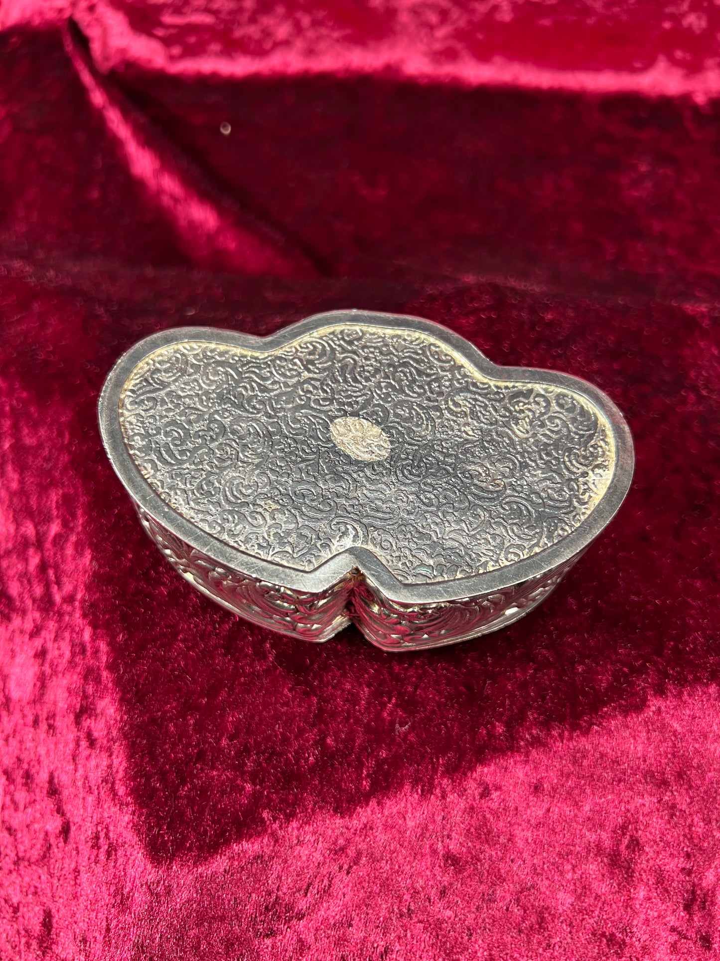 Vintage Jewelry Box - Antique Silver Patina - Double Hearts with Floral Filigree - Red Velvet Lining