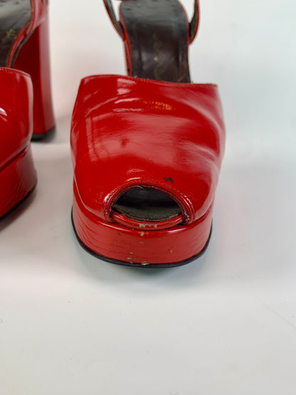 Vintage Shoes - Patent Leather Peep Toe Platform Heels - Cherry Red - 7 1/2