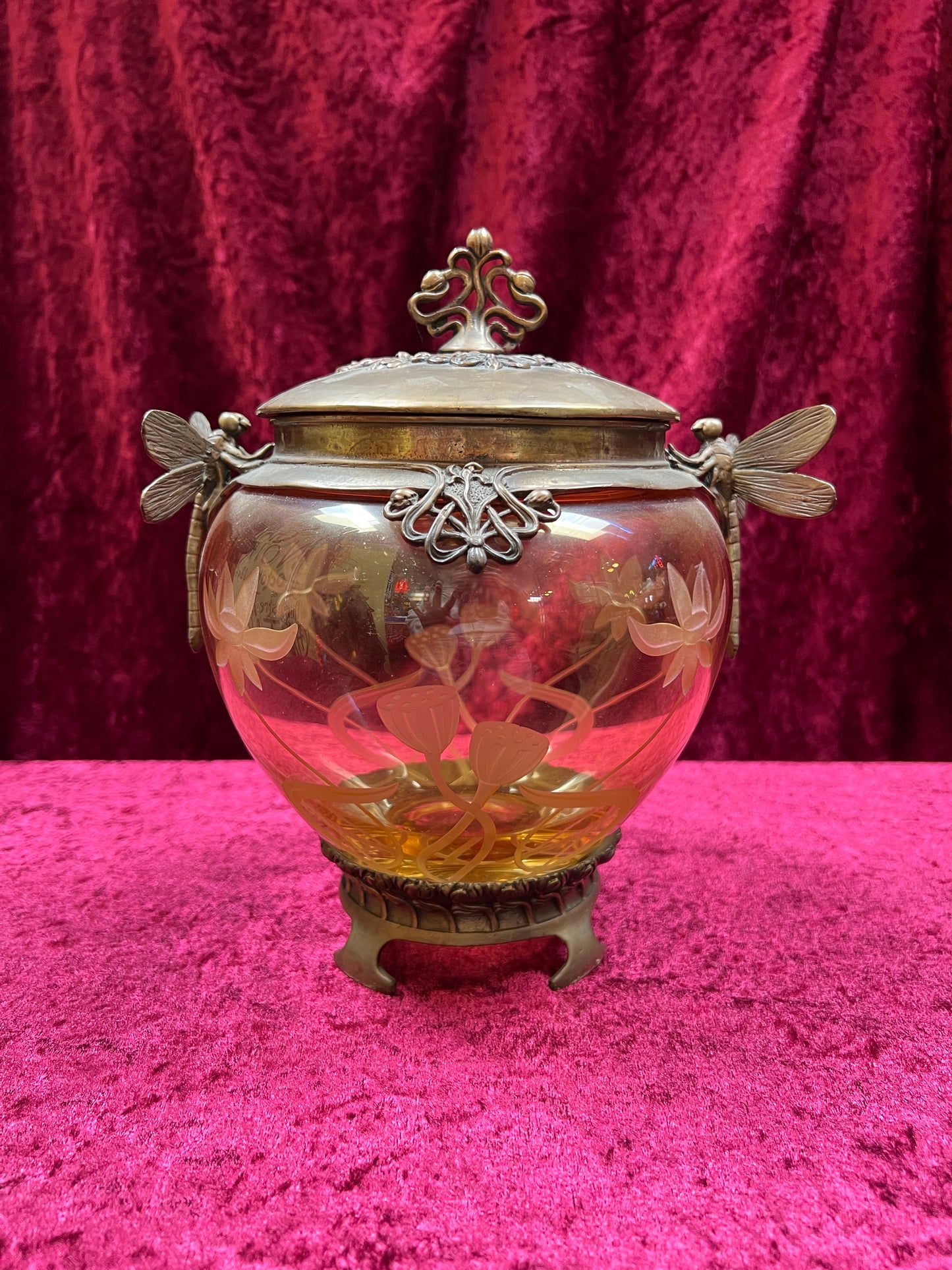 Vintage Oddities - Antique Art Nouveau Opium Jar - Etched Amber Glass - Castilian Poland