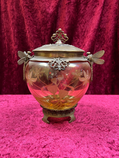 Vintage Oddities - Antique Art Nouveau Opium Jar - Etched Amber Glass - Castilian Poland