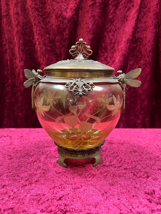 Vintage Oddities - Antique Art Nouveau Opium Jar - Etched Amber Glass - Castilian Poland