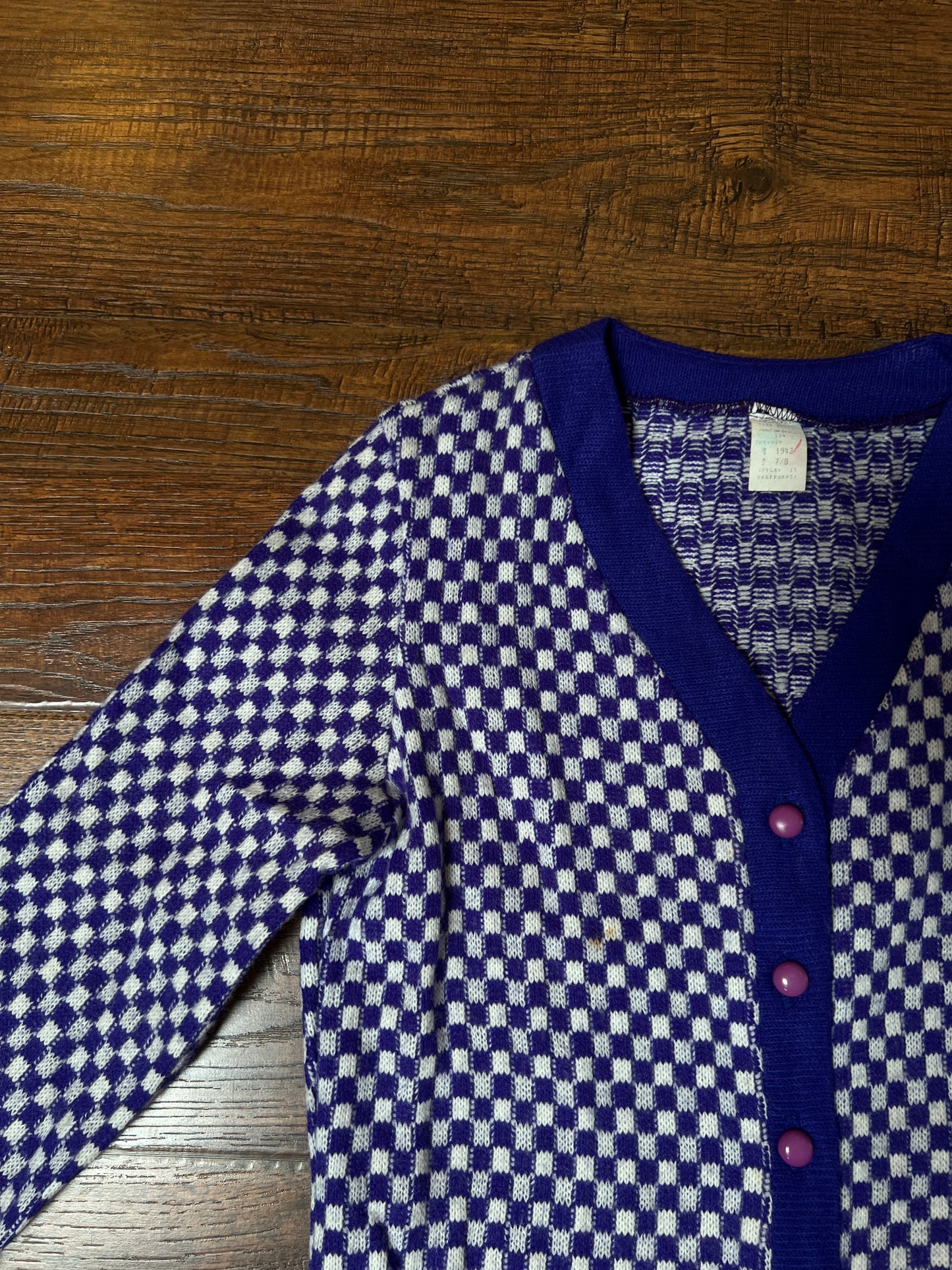 Vintage Acrylic Cardigan - Purple White Checkered Knit Button Front Sweater - Small