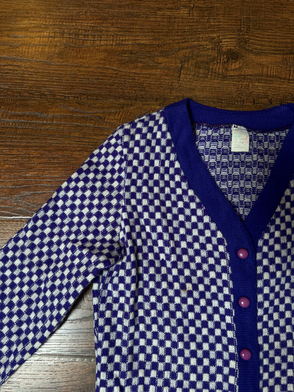 Vintage Acrylic Cardigan - Purple White Checkered Knit Button Front Sweater - Small