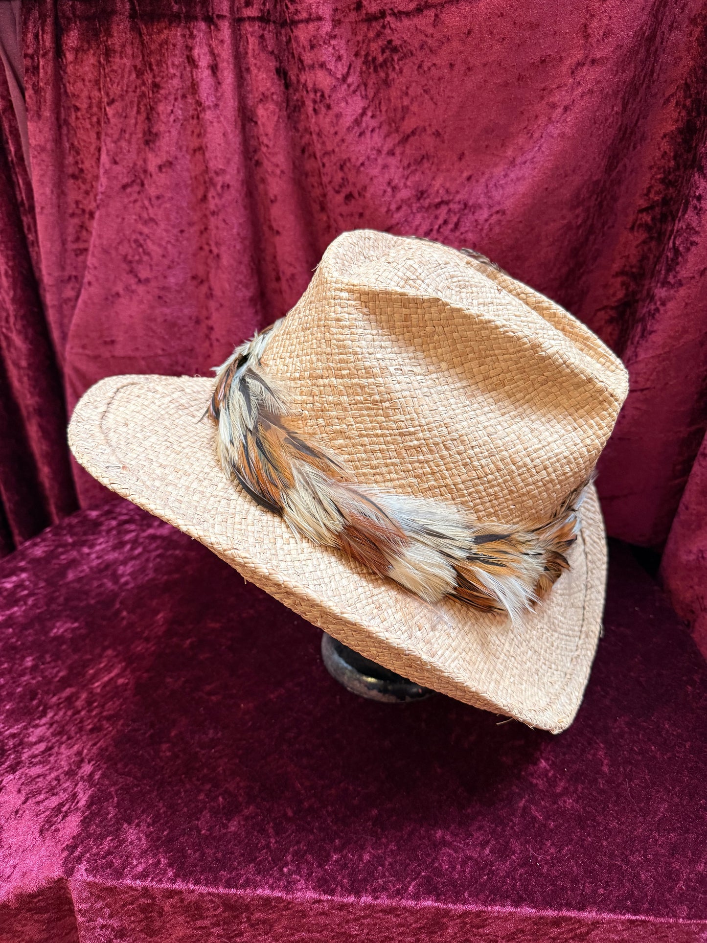 Vintage Accessories - Straw Cowboy Hat with Feathers - Shady Brady Unisex Large