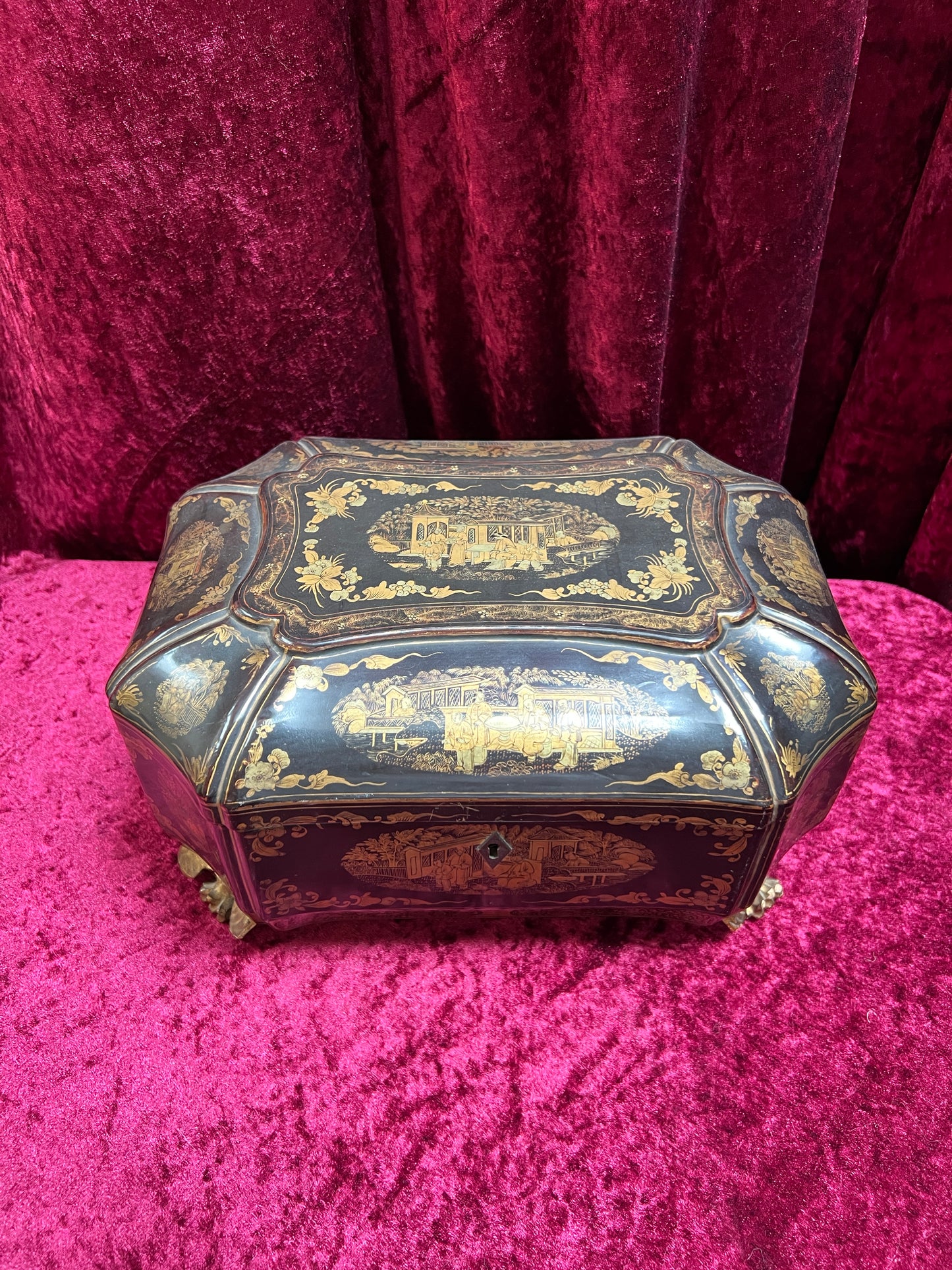 Antique Sewing Kit - Black Lacquer Ladies Work Box - Octagonal 19th Century Asian Chinoiserie