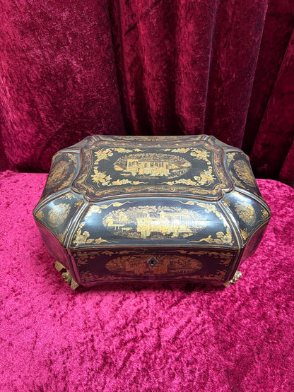 Antique Sewing Kit - Black Lacquer Ladies Work Box - Octagonal 19th Century Asian Chinoiserie
