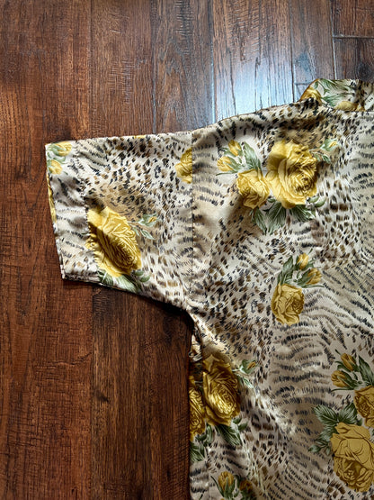 Vintage Robe and Nightgown Nightwear Set - Animal and Yellow Rose Print - Night Essence