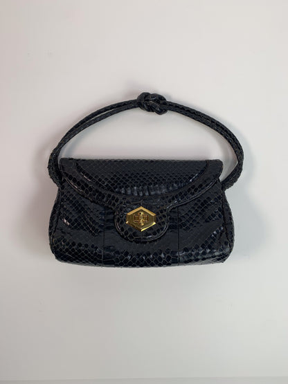 Vintage Black Leather Snakeskin Knot Handle Shoulder Bag with Gold Hardware