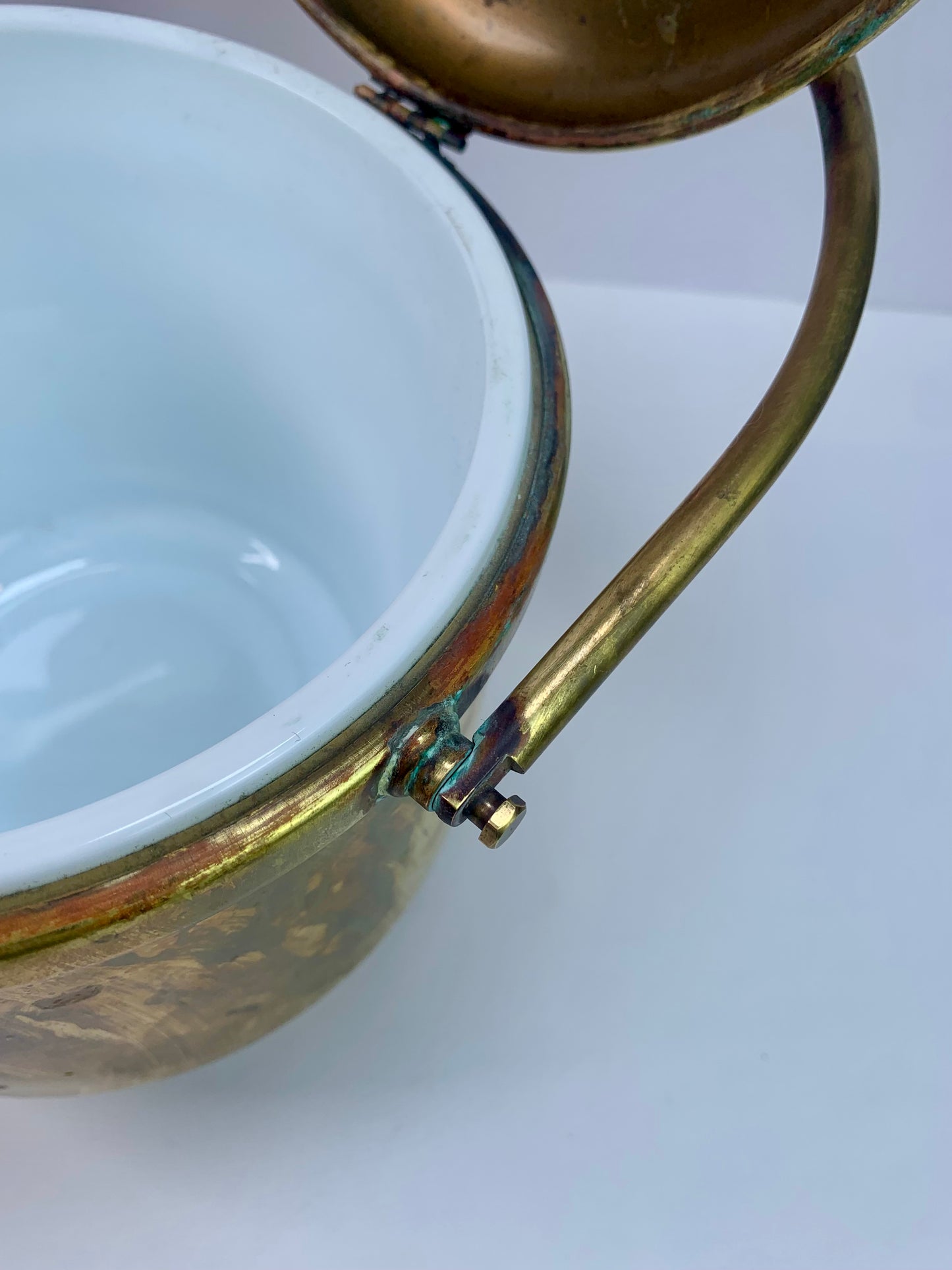 Vintage Barware - Solid Brass Ice Bucket - Hinged Lid - Porcelain Inner - 1920s