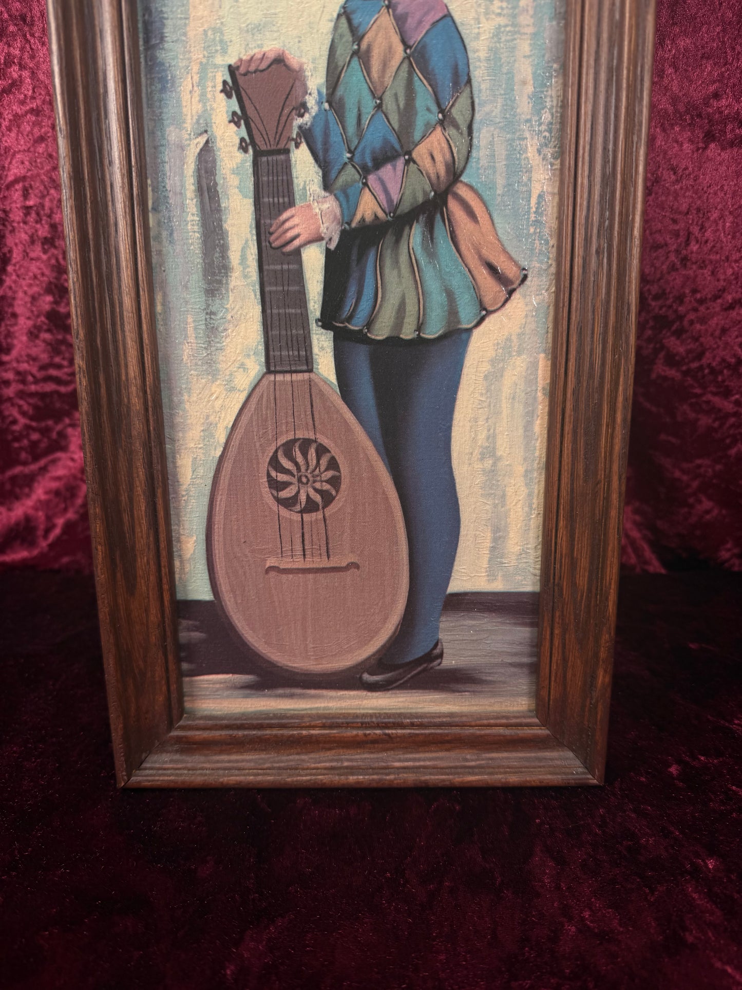 Vintage Mid Century Framed Wall Art – Big Eyes Lyre Harlequin Girl Portrait - Moppet by Jean Maio