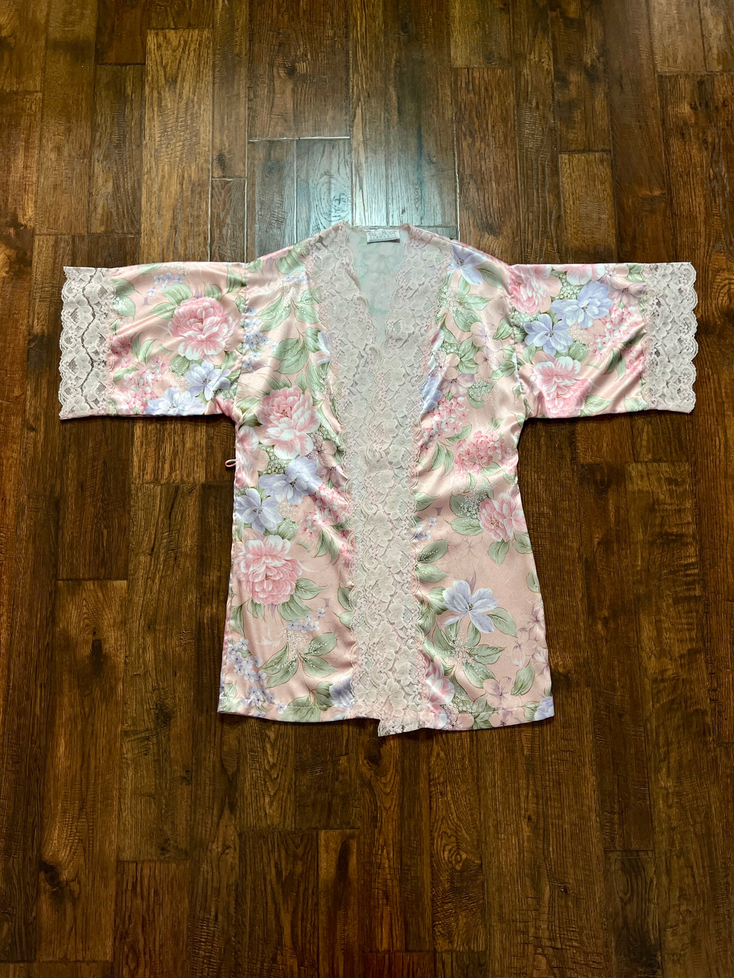 Vintage Silky Nightgown and Robe Lingerie Set - Pink Floral Print Peignoir Ensemble - Val Mode