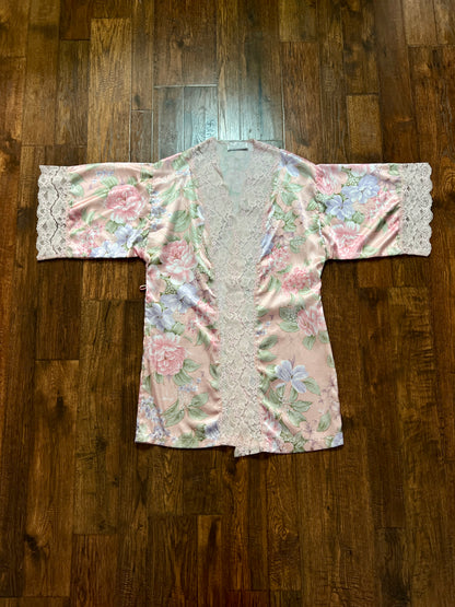 Vintage Silky Nightgown and Robe Lingerie Set - Pink Floral Print Peignoir Ensemble - Val Mode