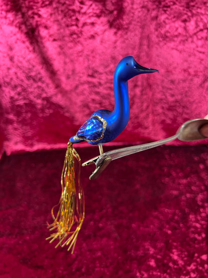 Vintage Christmas - Glass Clip-On Ornament - Royal Blue Crane with Tinsel Tail