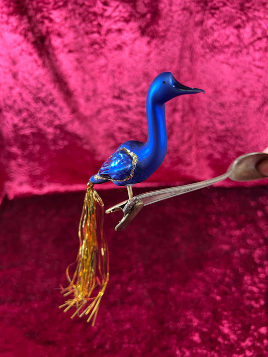 Vintage Christmas - Glass Clip-On Ornament - Royal Blue Crane with Tinsel Tail
