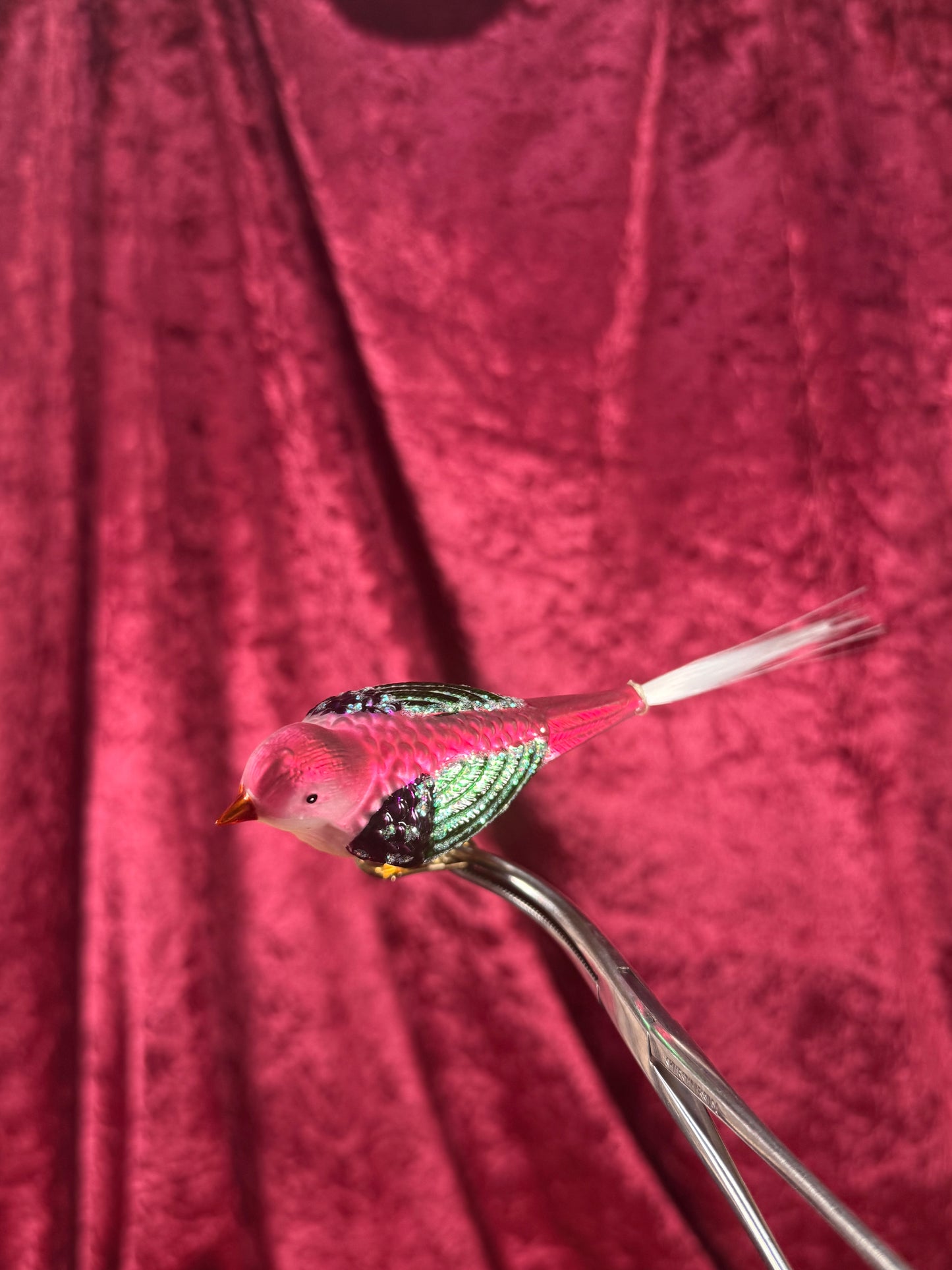 Vintage Christmas - Handblown Glass Clip On Ornament - Pink and Green Bird with Nylon Hair Tail