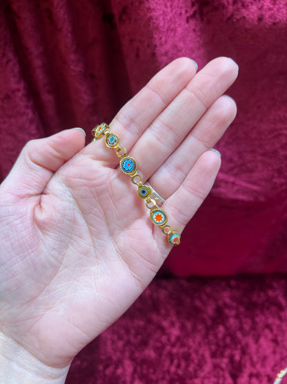 Vintage Jewelry - Bracelet - Gold Tone Metal - Round Glass Tiles