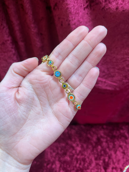 Vintage Jewelry - Bracelet - Gold Tone Metal - Round Glass Tiles