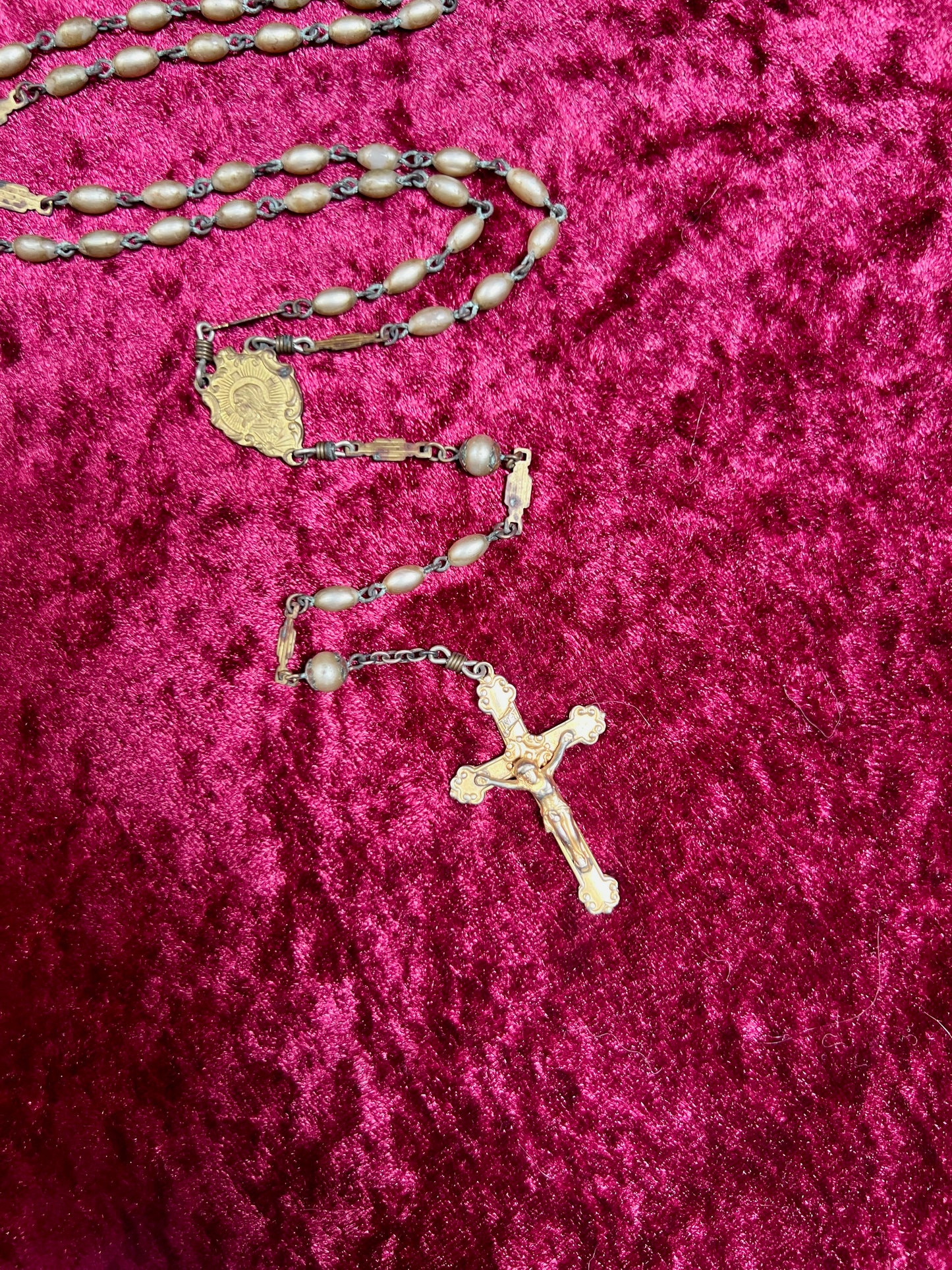 Vintage Jewelry - Italian Rosary - Champagne Gold Beads with Gold Tone Cross - 22"