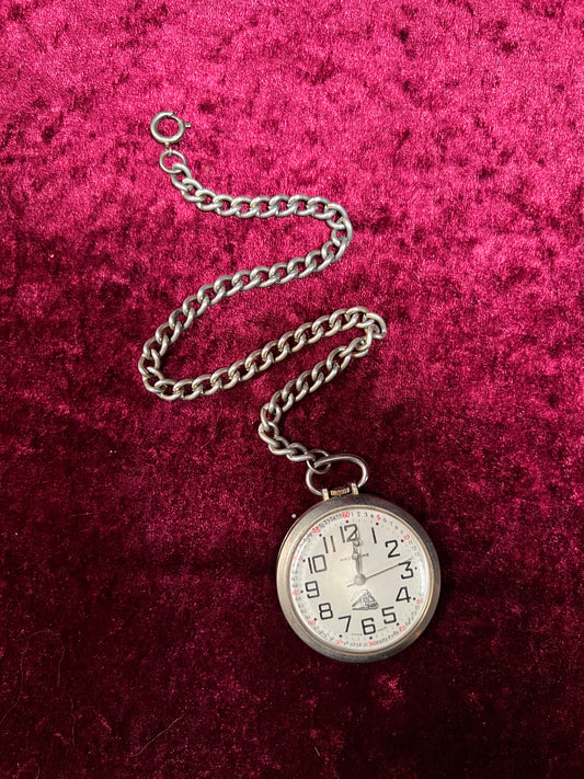 Vintage Metal Pocket Watch - Majestime Swiss Made Railroad Train with Chain