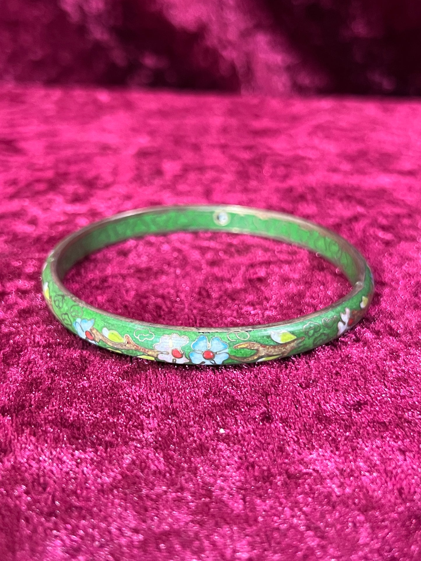 Vintage Jewelry - Cloisonne Bangle Bracelet - Pink and Blue Flowers on Green